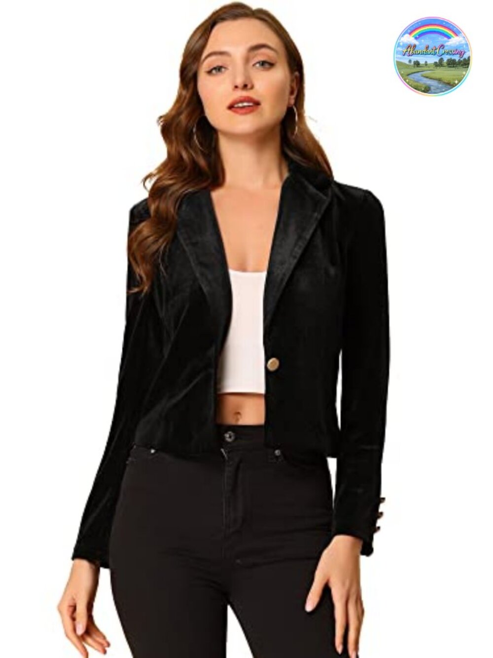 Velvet Lapel Business Office Crop Blazer Single Breasted Regular Fit